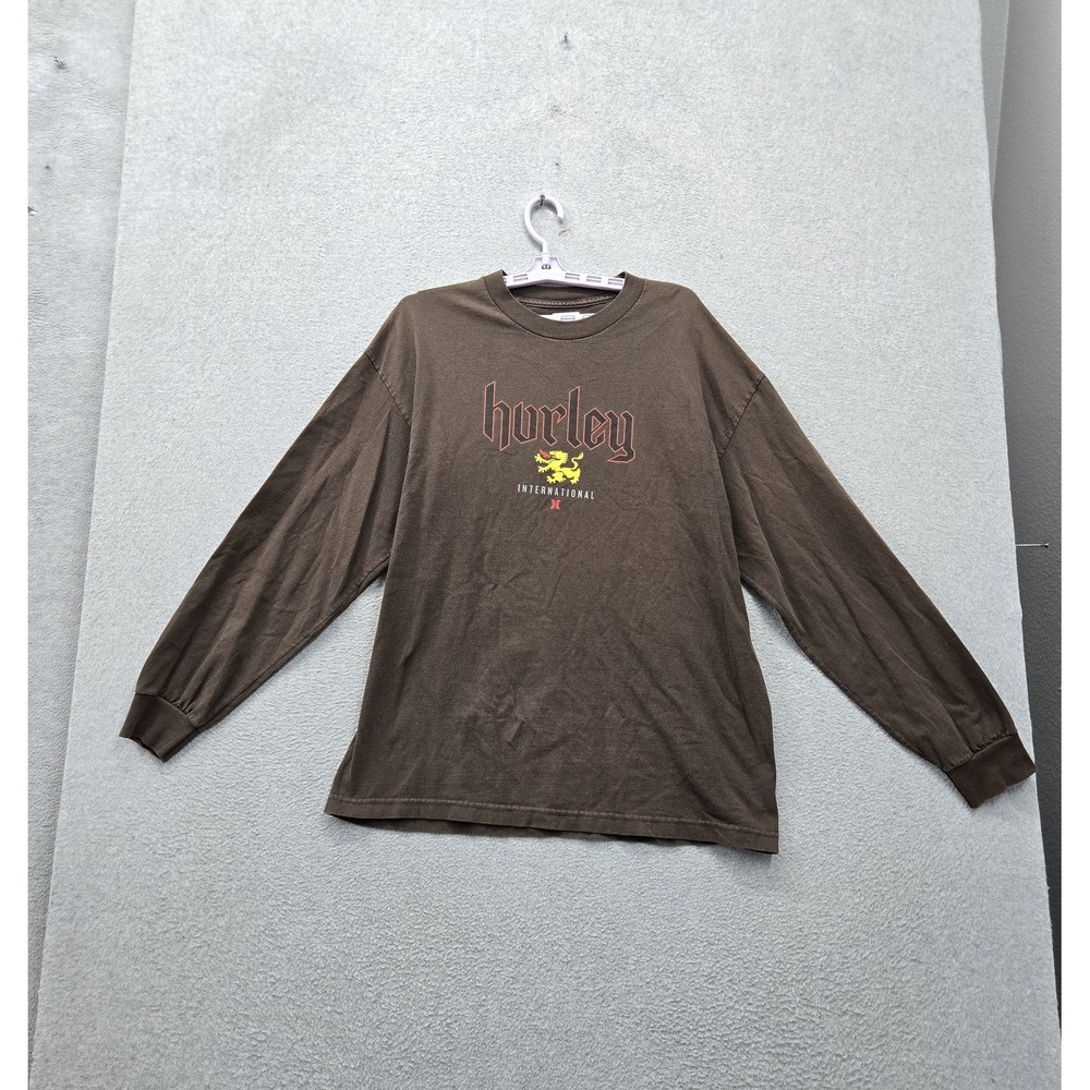 Hurley Men Shirt XL Brown International Logo Graphic Print Long Sleeve Crew Neck